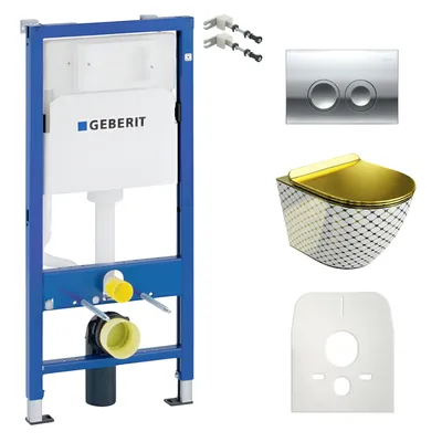 Produktbild von DOMINO Geberit Duofix Basic Vorwandelement + Wand-WC Tiefspül Sofi Slim Becken Checked Gold Spülrandlos + Bedienplatte Delta 25 für Doppelspülung |Set