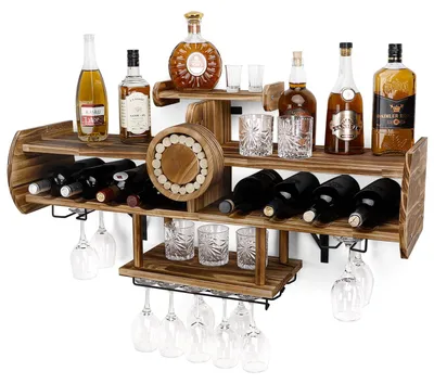 Imagen del producto de Estante de pared para vinos de madera, capacidad para 5 botellas, con soporte para copas, ideal para cocina y comedor