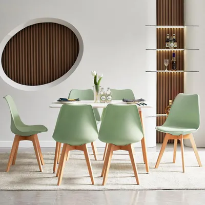 Immagine prodotto di Set da pranzo: tavolo rettangolare con 6 sedie, dimensioni 110 cm, colore bianco/verde menta