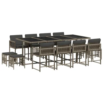 Produktbild von 13-tlg. Garten-Essgruppe mit Kissen Grau Poly Rattan