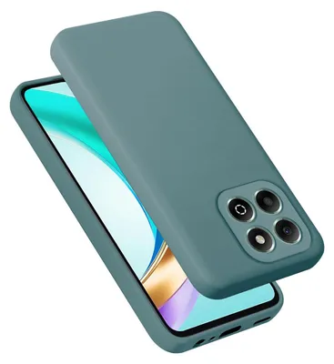 A teal silicone phone case is shown on a white background, with the phone screen visible underneath.