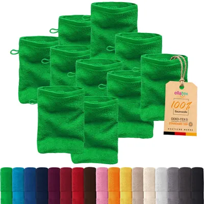 Produktbild von 10er Pack EllaTex Waschhandschuhe 15x21 cm 100% Baumwolle, 500 g/m² Handtücher Set weich saugstark Serie Paris, in Farbe: Grün