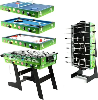 Imagen del producto de Mesa multiusos 4 en 1, que incluye futbolín, tenis de mesa, billar y hockey sobre aire. Dimensiones: 121 x 61 x 81 cm. Adecuada para adultos y niños