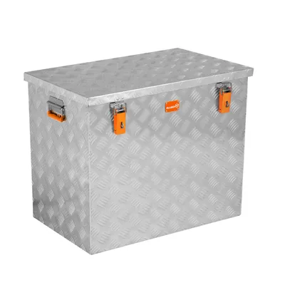 A silver aluminum storage box with diamond plate texture and orange latches, presented on a white background.