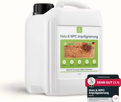 Produktbild von eco:fy Holz und WPC Imprägnierung Imprägniermittel Versiegelung Holz Terrasse Möbel Zaun Tisch gegen Grünbelag und Einschmutzung Transparent Lösemittelfrei PFC-frei