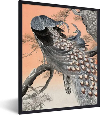 Produktbild von MuchoWow® Gerahmtes Poster Tiere - Pfauenfedern - Vintage - Pfau 60x80 cm - Poster mit Schwarzem Bilderrahmen Wandposter Rahmen Foto Bilder - Premium - Wanddeko Wohnzimmer