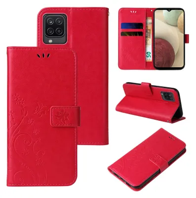 A collage of images showing a red flip phone case with floral and butterfly designs, including different angles and views of the case.