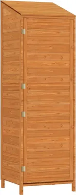 A tall, narrow wooden storage shed with a slanted roof and a single door.