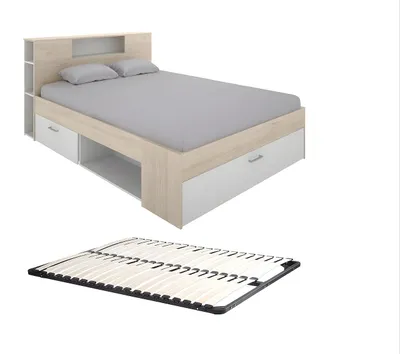 Produktbild von Bett mit Kommode und Schubladen - 140 x 190 cm - Farbe: Natur und weiß + Rahmen - LEANDRE