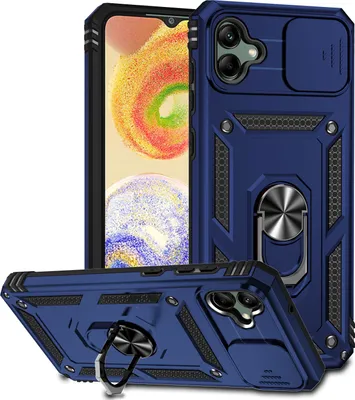 Image de Étui pour Samsung Galaxy A04 étui double couche avec couvercle coulissant pour appareil photo et anneau de support bleu