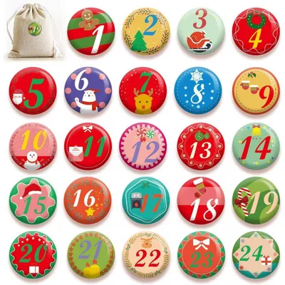 Productafbeelding van Adventskalender-knopen met de cijfers 1-24, badges met speld, diameter 4 cm, 24 stuks
