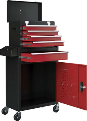 Produktbild von RollbarerWerkzeugschrank,StabilerSchrankmitobererWerkzeugkisteundSchubladen,abschließbar,Metall,Schwarz+Rot