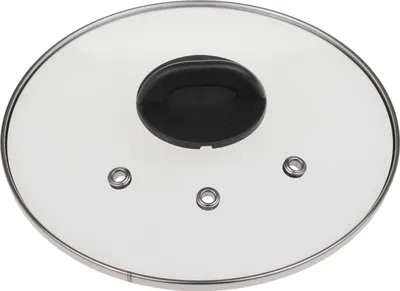 A top-down view of a glass pot lid with a black handle and three small holes.