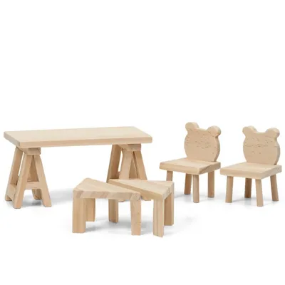Produktbild von Lundby Puppenhaus Tisch- & Stuhl-Set DIY, Bären-Design, unbehandeltes Holz für Lundby-Puppe