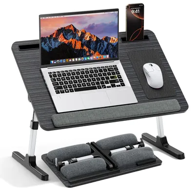 Immagine prodotto di Omgoods - Tavolino da letto 2-in-1 e scrivania per laptop - Regolabile, con cuscino e supporto per tablet