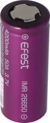 A single purple Efest IMR 26650 battery is shown upright against a white background.