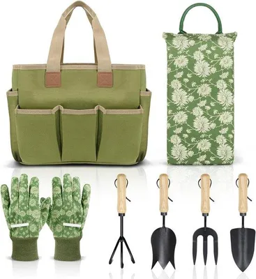 Image de Ensemble d'outils de jardinage 8 pièces, manche en bois, avec sac, genouillères et gants