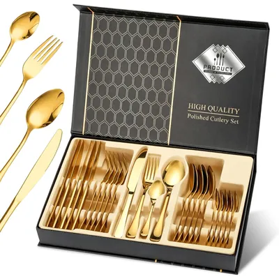 Produktbild von Besteck Set, 6 Personen Geschirrset, 24-teiliges Edelstahl poliert, Essbesteck Set mit Messer Gabel Löffel, für Familie Party Restaurant