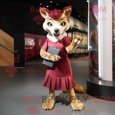 Productafbeelding van Mascot REDBROKOLY karakter van een kastanjebruine Thylacosmilus gekleed met een minirok en handtasjes