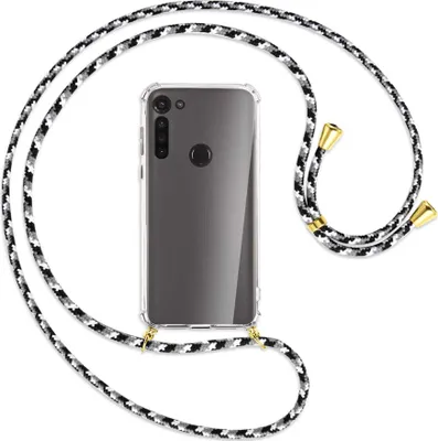 Produktbild von Handykette Backcover-Schutzhülle mit Band (Metall goldfarben) für Motorola Moto G8 Power - schwarz/grau/weiß