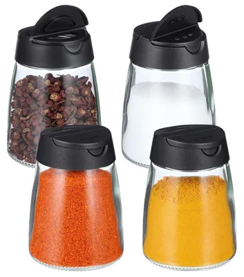 Immagine prodotto di Set di 4 contenitori per spezie, con doppio coperchio, capacità 150 ml, in vetro