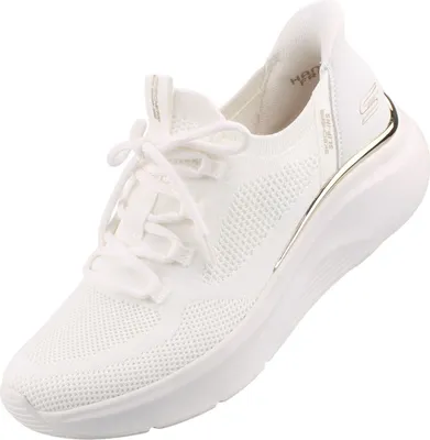 A white Skechers women's sneaker is shown against a white background.