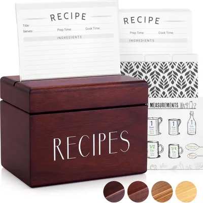 Produktbild von Rezeptbox Holz mit blanko Rezeptkarten und Trennkarten – Walnuss Rezeptkiste für bis zu 240 Karten