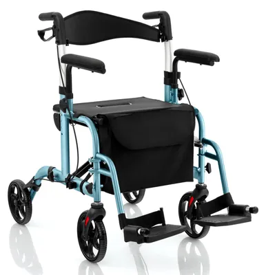 Produktbild von 2-in-1 Rollator Faltbar Leicht mit Sitz, Höhenverstellbare für Senioren, Aluminium Rollstuhl, Fußstützen, Tasche, Stockhalter, 136 kg (Blau)