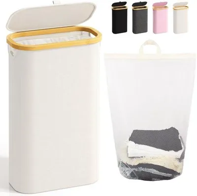 Imagen del producto de Cestas compactas para ropa sucia de 75 litros, color beige, plegables y con capacidad extensible