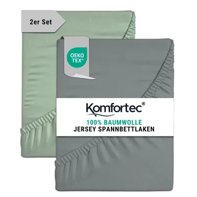 Produktbild von Komfortec 2er Pack Jersey Spannbettlaken 140x200 cm, 100% Baumwolle, Doppelpack Spannbettuch, Grau&Grün