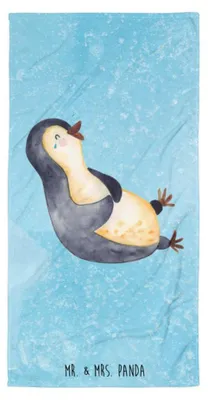 Produktbild von Mr. & Mrs. Panda Duschtuch Pinguin Lachen - Eisblau - Geschenk, Frottee-Handtuch, Handtuch, Badehandtuch, Lol, Haha, Frotteehandtuch, Humor, Pinguine, Funny, Strandlaken