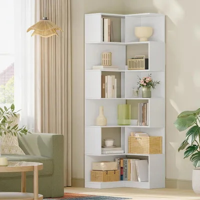 Immagine prodotto di Libreria angolare a 7 ripiani, forma a L, da pavimento, colore bianco, dimensioni 60x54x181,5 cm, modello BC29303X