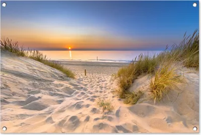 Produktbild von MuchoWow® 90x60 cm Outdoor-Poster Gartendeko Sichtschutz Garten Poster für den Garten  Düne - Sonnenuntergang - Horizont - Strand - Gras