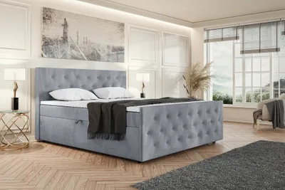 Produktbild von MEBLINI Boxspringbett mit Bettkasten - Gepolstert Doppelbett mit Matratze und Topper - Polsterbett mit Stauraum - Bett mit Kopfteil - Seniorenbett - PEDRO - 160x200 - H3P/Grau Samt
