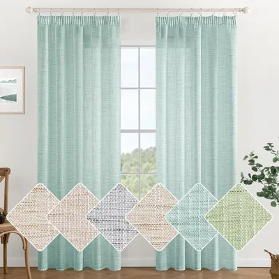Imagen del producto de Cortinas con aspecto de lino, con cinta para crear pliegues, juego de 2, 140 x 215 cm, color azul, ideales para salón y dormitorio