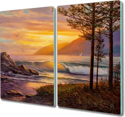 Produktbild von Coloray Hackbrett Küchenbrett Kochplattenabdeckung Schneidebrett Herdabdeckplatte 2x30x52 cm - Bäume Wellen Sonnenuntergang