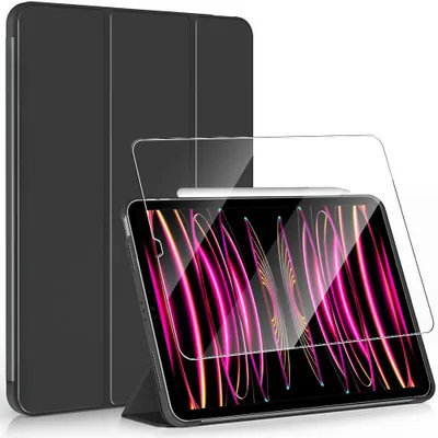 Image de Coque + Verre Trempé pour iPad Pro 12,9'' (3/4/5/6 2018 2020 2021 2022) Antichoc Fonction Support Veille-Réveil Noir