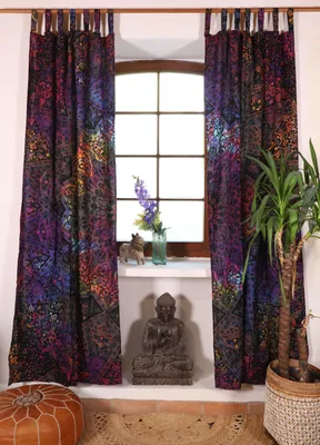 Produktbild von Boho Vorhänge, Gardine (1 Paar ) mit Schlaufen, Handbedruckter Ethno Style Vorhang, Mandala Motiv - Batik, Mehrfarbig, Baumwolle, 230*100*0,2 cm, Dekovorhänge