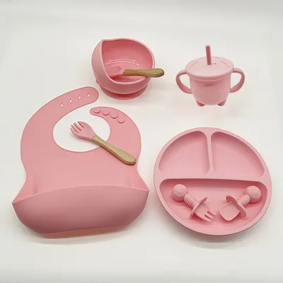 Imagen del producto de Juego de vajilla de silicona de alta calidad para niños, de 8 piezas, color rosa