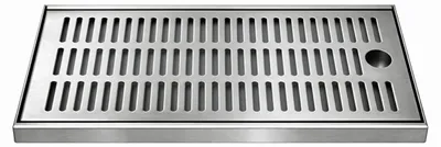 A stainless steel drip tray with a perforated surface and a circular drain hole on the right side.