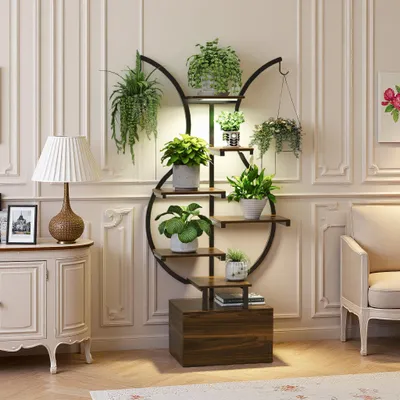 Image de Étagère à plantes UnboxG 142 cm de haut avec éclairage LED pour plantes, tablettes et crochets, support à fleurs, étagère sur pied pour salon, balcon ou véranda, aspect bois de tigre