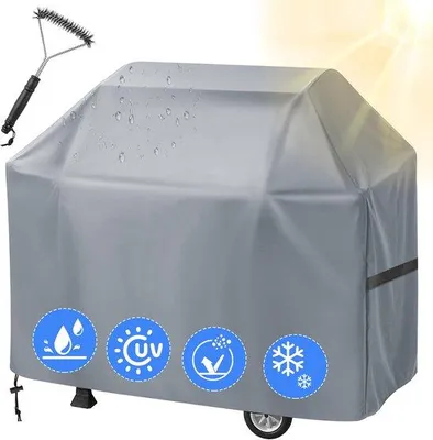 Produktbild von Polyester Grillabdeckung mit Grillborstel, Gasgrillabdeckung, Wasser- und Winddicht, UV-beständig, 100% Polyester mit PolyurethanBeschichtung, 147 x 61 x 122 cm, Grau