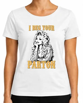 Productafbeelding van "I Beg Your Parton" Dolly T-shirt, country muziek, Nashville, fan, zangeres, retro, dames, wit, maat L