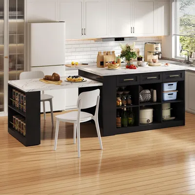 Image de MODFU Îlot de Cuisine - Meuble Mobile avec Table Extensible et 3 Compartiments - Chariot de Cuisine Noir et Blanc - 150x90x90 cm