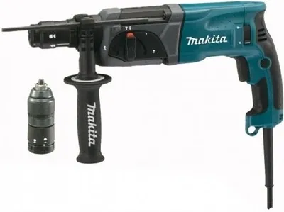 A Makita HR2470T combihammer and its chuck are displayed against a white background.