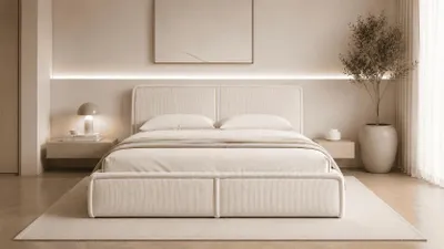 Produktbild von MOEBLO Polsterbett Bett 04 – Doppelbett mit Cord Bezug, Kopfstütze, gepolstertes Kopfteil, Rahmenbettgestell, Bettkasten und Lattenrost - 180x200 - Creme (Poso 100)