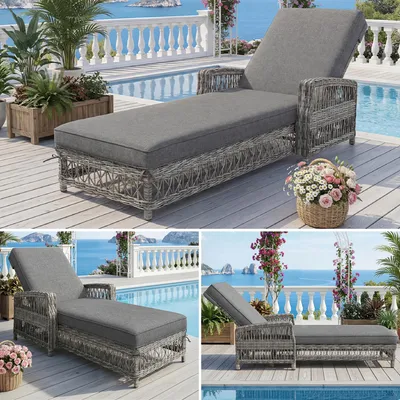Produktbild von Premium Rattan Sonnenliege 4er Set – Wetterfeste Gartenliege 192cm lang, bis 180kg belastbar, 4-fach verstellbare Relaxliege inkl. 10cm Polster, Grau