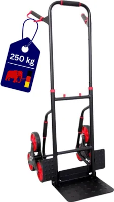 Produktbild von Klappbarer Profi-Treppensteiger TAURUS 250 | Traglast 250kg | HxBxT 115x52x63cm | Stahlrahmen, ergonomische Griffe, pannensichere Vollgummibereifung | Rot-Schwarz | Sackkarre Transportkarre Staplerkarre