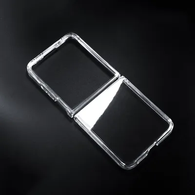 A clear plastic phone case for a foldable phone is shown on a black background.
