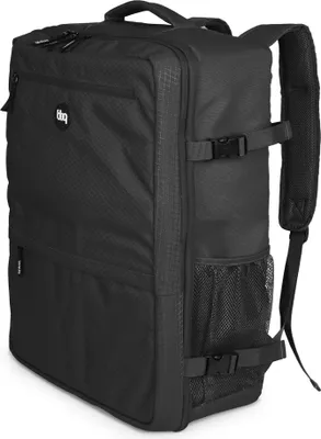 A black backpack is shown against a white background.